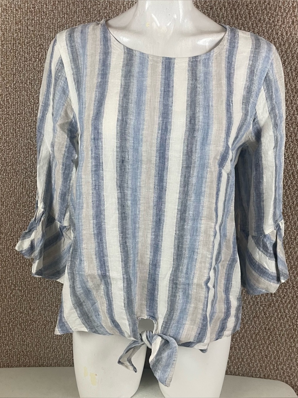 John Mark Top Medium 100% Linen Stripe Tie Front Lagenlook Bell Sleeve Blue 291